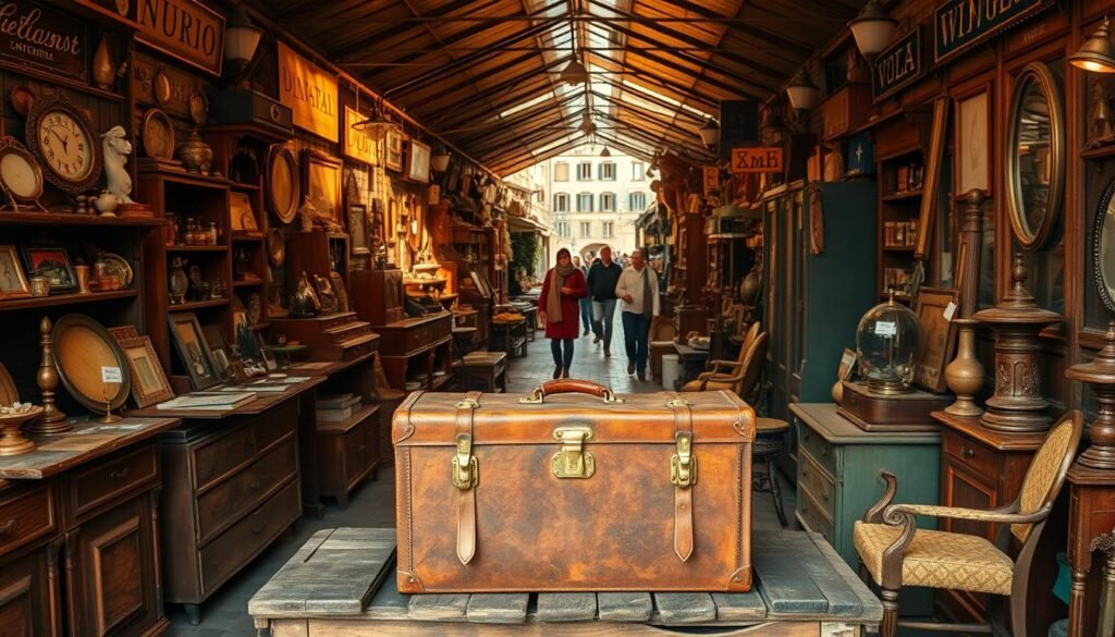 A bustling vintage market, bathed in soft golden light, showcasing a curated collection of antique wares. Rows of weathered wooden stalls display an eclectic array of vintage trinkets, furniture, and collectibles, each item a testament to eras long passed. In the foreground, a well-worn leather suitcase sits atop a rickety table, its patina hinting at countless journeys. Weathered signage and tarnished brass fixtures lend an air of nostalgic charm, while the middle ground is filled with browsers and collectors, their faces aglow with the thrill of the hunt. In the background, a sun-dappled alleyway leads to a tangled maze of cobblestone streets, inviting the viewer to explore the hidden gems of this timeless marketplace.