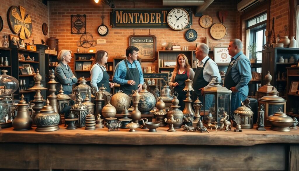 A cozy vintage-inspired scene featuring several dropshipping suppliers showcasing their wares. In the foreground, a well-worn wooden table displays an array of antique-styled trinkets, ornaments, and collectibles. Warm soft lighting casts a gentle glow, highlighting the intricate details and aged patina of the items. In the middle ground, a group of friendly vendors in classic workwear engage in conversation, sharing stories and tips about their unique products. The background features a rustic, exposed-brick wall adorned with vintage signs and curated shelves, creating an atmosphere of timeless charm and character. The overall mood is one of collaboration, discovery, and a celebration of the diversity of vintage-inspired goods available from local dropshipping suppliers.