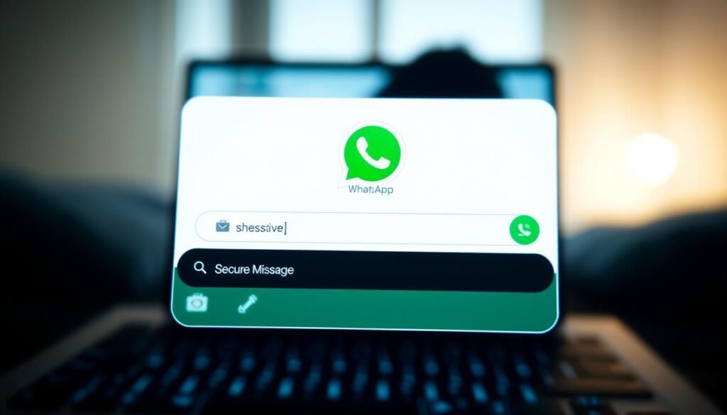 A digital screen displaying a WhatsApp message window with a green "end-to-end encrypted" icon, indicating a secure private conversation. The foreground shows the message composition area, with a cursor blinking, ready to type a sensitive, confidential message. The middle ground features a clean, minimalist WhatsApp interface, with the app's signature green accents. The background is a blurred, softly lit scene, evoking a sense of privacy and intimacy. The overall mood is professional, discreet, and conveys the reliability and trustworthiness of WhatsApp's encrypted messaging capabilities.