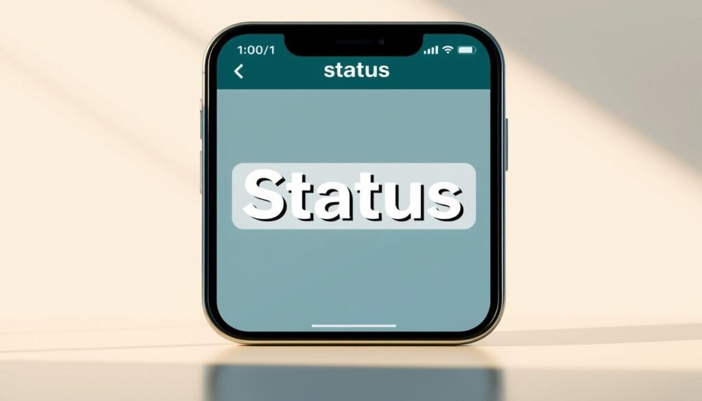 A modern, minimalist illustration depicting the concept of "status" in a digital messaging context. The foreground features a smartphone screen displaying a WhatsApp-style chat interface, with a visually striking and elegant status update occupying the center. The background is a soft, gradient-based composition that evokes a sense of professionalism and tech-savvy sophistication. Lighting is natural and indirect, creating depth and dimension. The overall mood is polished, aspirational, and designed to visually communicate the power of consistent, strategically crafted content to drive sales.