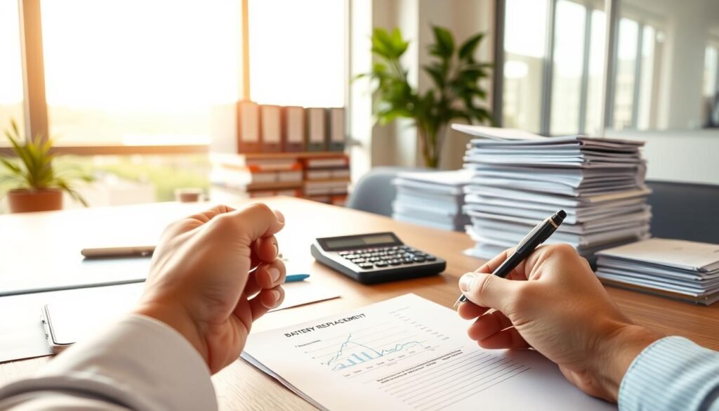 A modern office workspace with a neatly organized desk, featuring a smartphone, calculator, and stacks of documents. The room is bathed in warm, natural lighting from large windows, creating a calming atmosphere. In the foreground, a hand is carefully calculating the break-even point for a battery replacement service, using a pen and paper. The overall scene conveys a sense of focus, efficiency, and careful financial planning.