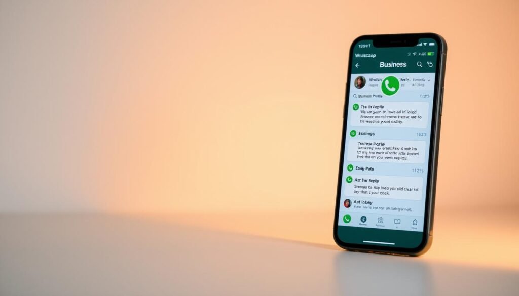 A modern, sleek WhatsApp Business interface set against a minimalist, neutral-toned backdrop. The foreground showcases the app's key features - message threads, business profile, and automated replies - with a clean, intuitive layout. Subtle lighting casts a warm glow, creating a professional yet approachable atmosphere. The mid-ground features a smartphone display, angled to highlight the app's responsive design and user-friendly navigation. In the background, a soft, blurred gradient frames the scene, drawing the viewer's focus to the central elements. The overall composition conveys the efficiency and streamlined workflow of WhatsApp Business, suitable for illustrating the section on optimizing the app's capabilities.