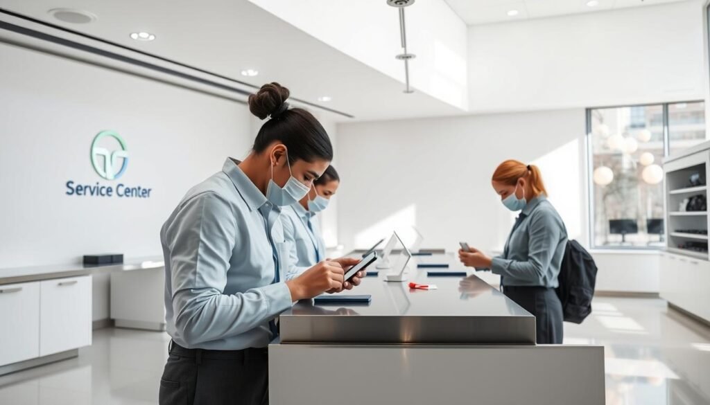 A modern, well-equipped service center with a sleek, minimalist interior. A spacious, well-lit workspace with pristine white walls and gleaming stainless steel countertops. A team of skilled technicians, in crisp uniforms, efficiently replacing smartphone batteries in a swift, 10-minute standard procedure. The center's logo and branding subtly visible, projecting a sense of professionalism and reliability. Bright, natural lighting filters in through large windows, creating a calming, welcoming atmosphere. The overall impression conveys efficiency, precision, and a commitment to customer satisfaction.