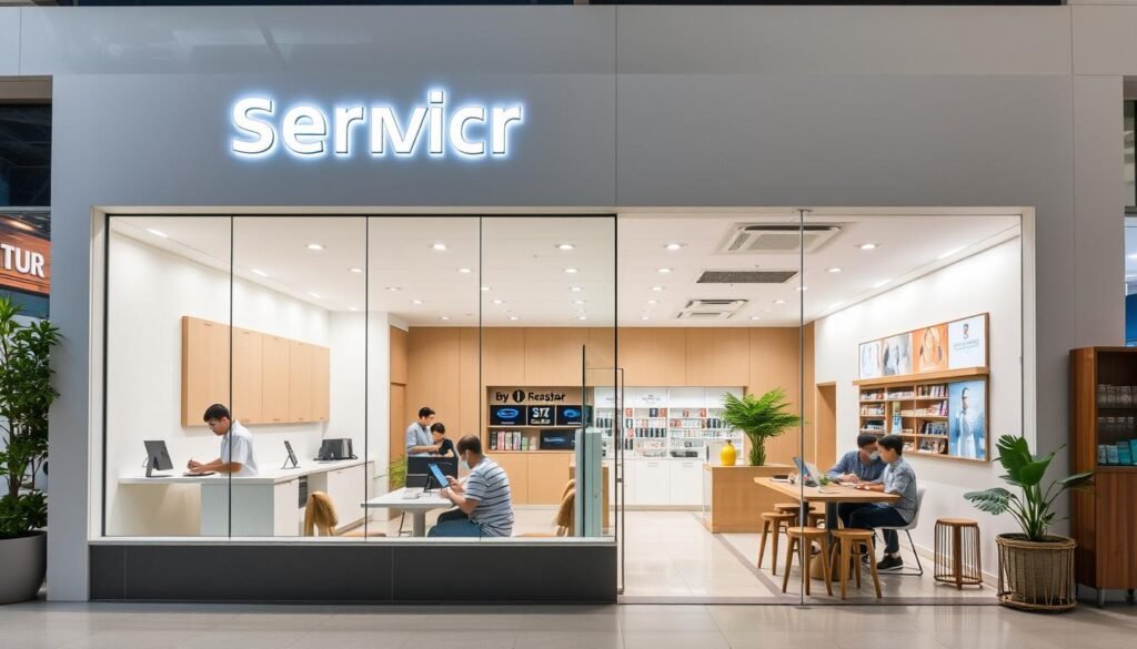 A modern, well-lit service center nestled in the heart of South Jakarta's bustling plaza. The sleek, minimalist facade features large windows showcasing the interior, where technicians in crisp uniforms diligently service smartphones and tablets. Customers wait comfortably in an adjacent lounge area, sipping coffee from a trendy cafe while perusing the selection of accessories. Soft ambient lighting, clean lines, and a touch of greenery create a welcoming, efficient atmosphere. The center's strategic location within the thriving commercial district ensures a steady flow of walk-in traffic seeking prompt, reliable mobile device repair services.