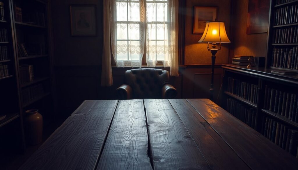 A timeworn wooden table, its surface marked by the gentle patina of age, stands in the center of a cozy, dimly lit room. Antique brass lamps cast a warm, nostalgic glow, illuminating the weathered leather armchair and the bookshelf lined with well-worn tomes. Sunlight filters through the lace-draped window, casting a soft, dreamy haze over the scene. The overall atmosphere evokes a sense of tranquil reflection, a visual representation of the classic "vintage" aesthetic.