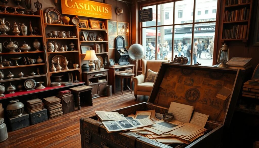 A vintage storefront with a weathered sign, wooden floors, and warm lighting. Shelves filled with an eclectic mix of antique treasures - ornate vases, tarnished silver, and worn leather-bound books. In the foreground, a well-worn steamer trunk sits atop a worn oak table, its contents spilling out - old photographs, a brass compass, and a stack of faded, yellowed papers. The middle ground features a cozy armchair and a small side table, where a kerosene lamp casts a soft glow. In the background, a large window looks out onto a bustling street, hinting at the vibrant local marketplace beyond. The overall scene evokes a sense of timeless discovery, inviting the viewer to explore and uncover the hidden stories of these vintage finds.