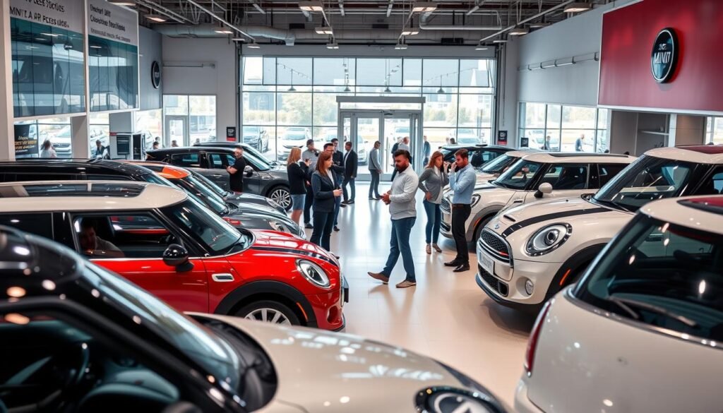 A bustling automobile showroom, featuring a MINI dealer prominently displayed in the foreground. The sleek, modern MINI models are showcased on a well-lit display floor, their chrome accents and vibrant colors catching the eye. In the middle ground, a team of knowledgeable salespeople engage with potential customers, guiding them through the selection process. The background is filled with the hum of activity, with mechanics tending to vehicles in the service bay and a steady stream of customers passing through the well-designed, glass-fronted entrance. The overall atmosphere exudes a sense of energy, efficiency, and the excitement of automotive innovation.