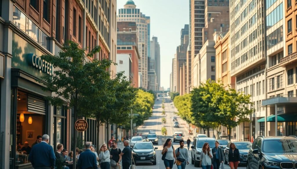 A bustling city street, with cafes and shops lining the sidewalks. The sun casts a warm glow, illuminating the vibrant storefront displays and enticing passersby. In the foreground, a group of people gather around a small, cozy coffee shop, chatting animatedly and sipping their beverages. The middle ground features a well-maintained, tree-lined avenue, with cars and pedestrians moving with purpose. The background showcases a mix of modern high-rises and historic buildings, creating a visually striking contrast. The overall atmosphere is one of energy, community, and the perfect setting for a thriving coffee franchise.
