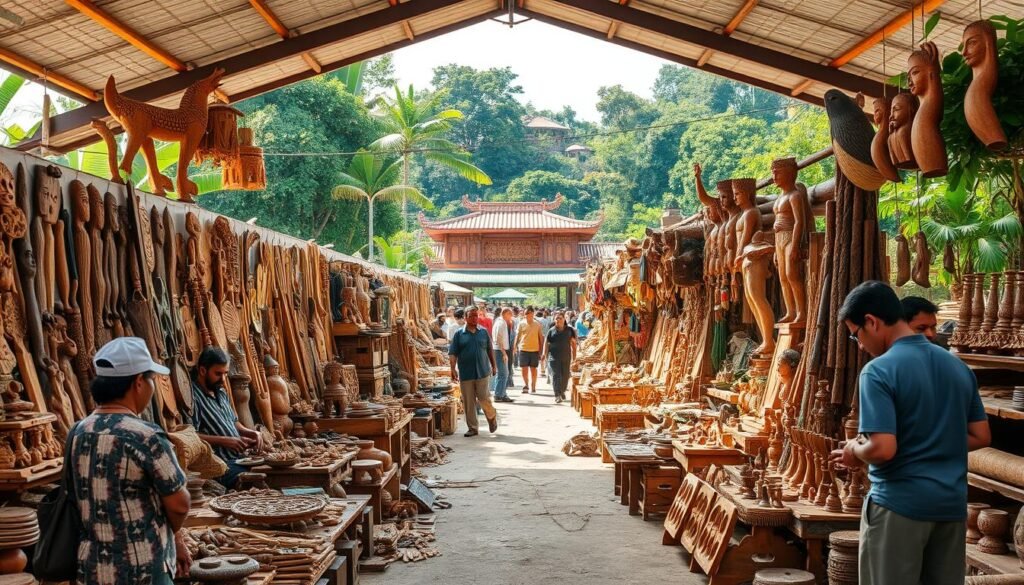 A bustling open-air market filled with an array of handcrafted wooden artifacts. Weathered artisans meticulously display their wares - intricate carvings, rustic furniture, and unique home decor. Sunlight filters through the canopy, casting a warm glow on the vibrant scene. Customers browse the stalls, admiring the skilled craftsmanship and the stories behind each piece. The air is alive with the sounds of haggling, laughter, and the rhythmic tapping of tools. In the background, a tapestry of lush greenery and traditional architectural elements creates a sense of cultural authenticity. This is the Pasar Kerajinan Kayu, a hub of sustainable upcycling and entrepreneurial spirit.