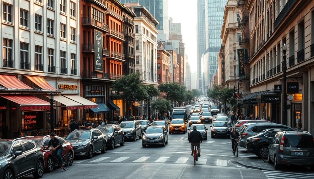 A bustling urban street intersection, teeming with cafes, shops, and pedestrians. Vibrant awnings and signage adorn the buildings, casting warm, inviting light onto the scene. Rows of parked cars line the curbs, with cyclists and commuters navigating the busy crosswalks. A sense of energy and activity permeates the frame, capturing the dynamic nature of a strategic, high-traffic location. The composition highlights the mix of old and new architecture, blending seamlessly to create a visually stimulating and commercially viable setting. Soft, natural lighting illuminates the scene, casting deep shadows and highlights that emphasize the depth and character of the urban landscape.