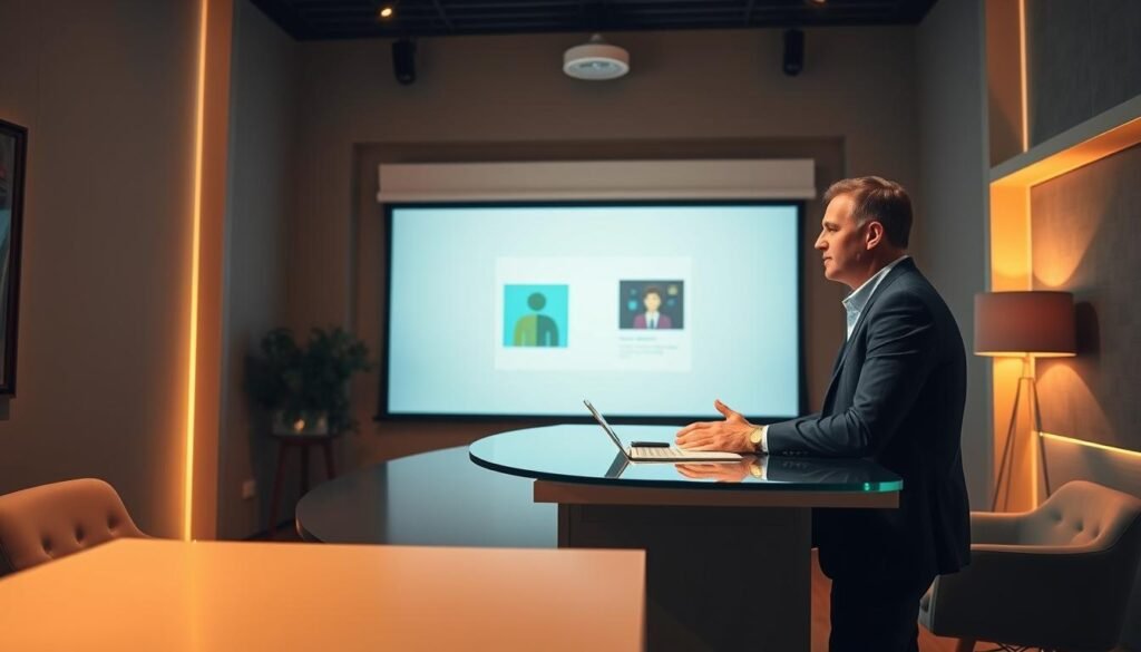 A cozy, well-lit webinar studio with a modern, minimalist design. The presenter stands behind a sleek, glass-topped desk, gesturing with hands as they engage the audience. The background features a large projection screen displaying a clean, visually-appealing slide design. Warm lighting illuminates the scene, creating a professional yet inviting atmosphere. The camera angle is slightly elevated, giving a dynamic, cinematic perspective. The presenter's attire is polished, complementing the refined setting. The overall composition conveys a sense of confidence, clarity, and thoughtful presentation.