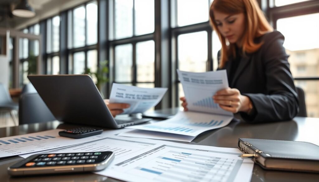 A detailed business calculation scene focused on iPhone investment analysis. In the foreground, a professional businesswoman in modest business attire is analyzing financial documents and graphs on a sleek laptop, with a calculator and an iPhone model beside her. In the middle ground, a clean desk features charts depicting profit margins, costs, and projections, while a notepad displays handwritten notes. In the background, a modern office environment is visible, with large windows letting in natural light, creating a bright and insightful atmosphere. The image should be well-lit, capturing a serious yet optimistic mood, showcasing the nuances of business strategizing focused on the iPhone market. High-resolution, clear focus, with a slight depth of field effect to emphasize the subject. A detailed business calculation scene focused on iPhone investment analysis. In the foreground, a professional businesswoman in modest business attire is analyzing financial documents and graphs on a sleek laptop, with a calculator and an iPhone model beside her. In the middle ground, a clean desk features charts depicting profit margins, costs, and projections, while a notepad displays handwritten notes. In the background, a modern office environment is visible, with large windows letting in natural light, creating a bright and insightful atmosphere. The image should be well-lit, capturing a serious yet optimistic mood, showcasing the nuances of business strategizing focused on the iPhone market. High-resolution, clear focus, with a slight depth of field effect to emphasize the subject.
