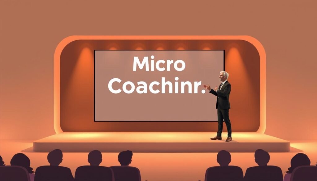A digital illustration of a micro webinar coaching session for beginners, featuring a confident coach delivering a presentation on a sleek, minimalist stage. The scene is bathed in warm, soft lighting, creating an intimate and inviting atmosphere. The coach is depicted in a dynamic pose, gesturing expressively as they engage the audience. The background is a clean, abstract design with muted colors, allowing the coach and the presentation to take center stage. The overall composition conveys a sense of professionalism, expertise, and the potential for transformative learning experiences for the coach's audience.