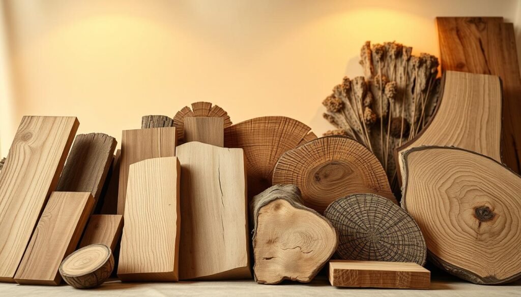 A high-quality, close-up shot of various premium upcycled wood materials in a well-lit studio. The foreground features a selection of smoothed and sanded wooden offcuts, planks, and boards in a range of natural hues from light to dark. The middle ground showcases textured, distressed wood pieces with interesting grains, knots, and patterns. In the background, a soft, neutral backdrop allows the materials to take center stage. Warm, gentle lighting from multiple angles creates depth and highlights the intricate details and premium quality of the upcycled wood. The overall composition emphasizes the tactile, artisanal nature of the materials, conveying a sense of craftsmanship and exclusivity.
