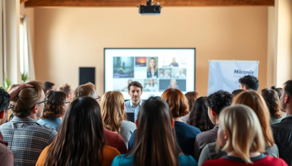 A lively online workshop setting, with a group of engaged participants gathered around a central moderator. The foreground features a diverse array of attentive faces, conveying a sense of active discussion and exchange of ideas. The middle ground showcases a clean, minimalist presentation screen, projecting visuals that captivate the audience. The background blurs into a softly-lit, warm environment, creating an inviting, collaborative atmosphere. The lighting is natural and flattering, with a slight top-down angle to enhance the sense of engagement. The overall mood is one of focused attention, intellectual stimulation, and a shared experience of learning and connection.
