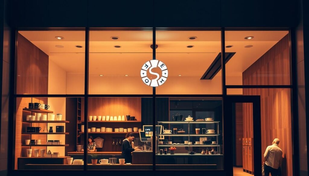 A modern, minimalist coffee shop storefront with a sleek, minimalist design. The exterior features a large window display showcasing an array of stylish coffee cups, mugs, and other beverage accessories. The lighting is warm and ambient, creating a cozy and inviting atmosphere. In the background, a minimalist logo or brand name is prominently displayed, highlighting the franchise nature of the establishment. The overall aesthetic conveys a trendy, upscale coffee shop experience, catering to the contemporary consumer's desire for a refined and elevated beverage offering.