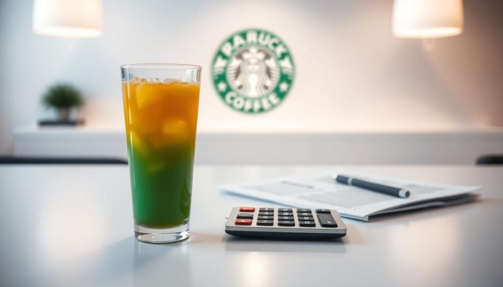 A modern, minimalist image depicting the financial aspects of a beverage franchise business. In the foreground, a sleek glass of a vibrant, refreshing-looking drink, accompanied by neatly arranged documents and a calculator, symbolizing the costs and projections involved. The middle ground features a clean, white tabletop surface, with a subtle hint of a franchise logo or branding in the background, creating a sense of professionalism and expertise. The lighting is soft and evenly distributed, creating a calm, analytical atmosphere. The overall composition conveys a sense of precision, attention to detail, and a focus on the financial considerations of this type of franchise opportunity.