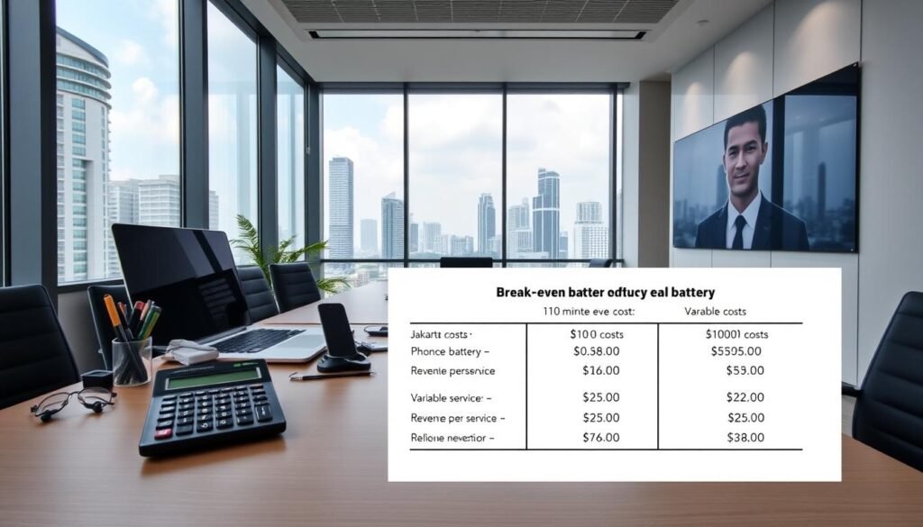 A modern, well-lit office interior with a desk displaying a financial calculator, a laptop, and various stationery items. The foreground features a clear breakdown of the break-even calculation for a 10-minute phone battery replacement service, including variables such as fixed costs, variable costs, and revenue per service. The middle ground showcases a sleek, minimalist design with clean lines and a muted color palette, reflecting a professional, analytical atmosphere. The background features a view of the cityscape of Jakarta Selatan, with skyscrapers and urban elements visible through large windows, emphasizing the urban setting.