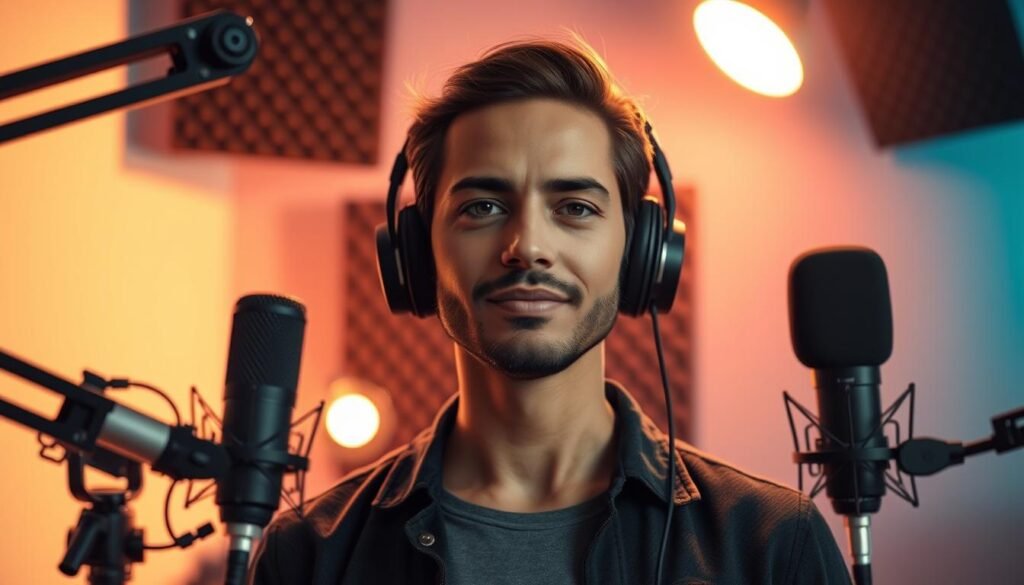 A professional voice-over artist stands confidently in a high-quality home studio, surrounded by professional-grade microphones and sound-dampening panels. Warm, focused lighting illuminates their face, conveying a sense of expertise and dedication. In the background, a subtle gradient of colors evokes a sense of success and accomplishment. The artist's expression is one of determination, reflecting the strategic mindset required to build a thriving voice-over career on platforms like Upwork. The overall scene emanates a mood of focus, professionalism, and the pursuit of excellence in the world of voice-over performance.