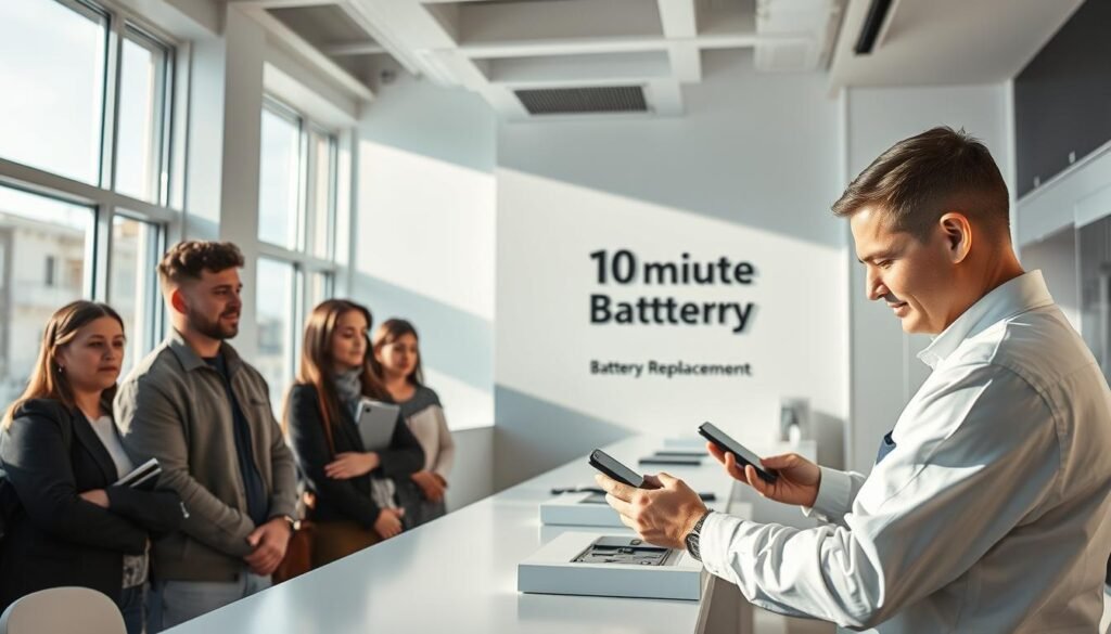 A small, well-organized service center with a minimalist design. Bright natural lighting filters through large windows, casting a warm glow on the space. In the foreground, a technician swiftly replaces a smartphone battery, their hands deftly maneuvering the components. The service counter is clean and uncluttered, with a prominent sign displaying "10 Minute Battery Replacement". Customers wait patiently, their faces reflecting a sense of efficiency and convenience. The background features a sleek, modern interior with soothing neutral tones, creating a calming atmosphere. A sense of professionalism and attention to customer experience permeates the entire scene.