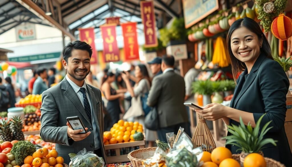 A traditional market scene with vendors utilizing QRIS payment methods. In the foreground, a male and female vendor, dressed in professional business attire, are showcasing fresh produce and handicrafts. The male vendor holds a smartphone displaying a QRIS code while the female vendor interacts with a customer, both smiling with satisfaction. In the middle, a diverse group of happy shoppers engage with various stalls, illustrating a busy marketplace filled with colorful fruits, vegetables, and local crafts. The background reveals traditional market architecture, with vibrant banners and plants adding life to the setting. The lighting is warm and inviting, capturing the energy of the bustling market, with a slight depth of field to emphasize the vendors’ interaction. The overall mood is optimistic and lively, reflecting the successful integration of digital payments in traditional commerce. A traditional market scene with vendors utilizing QRIS payment methods. In the foreground, a male and female vendor, dressed in professional business attire, are showcasing fresh produce and handicrafts. The male vendor holds a smartphone displaying a QRIS code while the female vendor interacts with a customer, both smiling with satisfaction. In the middle, a diverse group of happy shoppers engage with various stalls, illustrating a busy marketplace filled with colorful fruits, vegetables, and local crafts. The background reveals traditional market architecture, with vibrant banners and plants adding life to the setting. The lighting is warm and inviting, capturing the energy of the bustling market, with a slight depth of field to emphasize the vendors’ interaction. The overall mood is optimistic and lively, reflecting the successful integration of digital payments in traditional commerce.