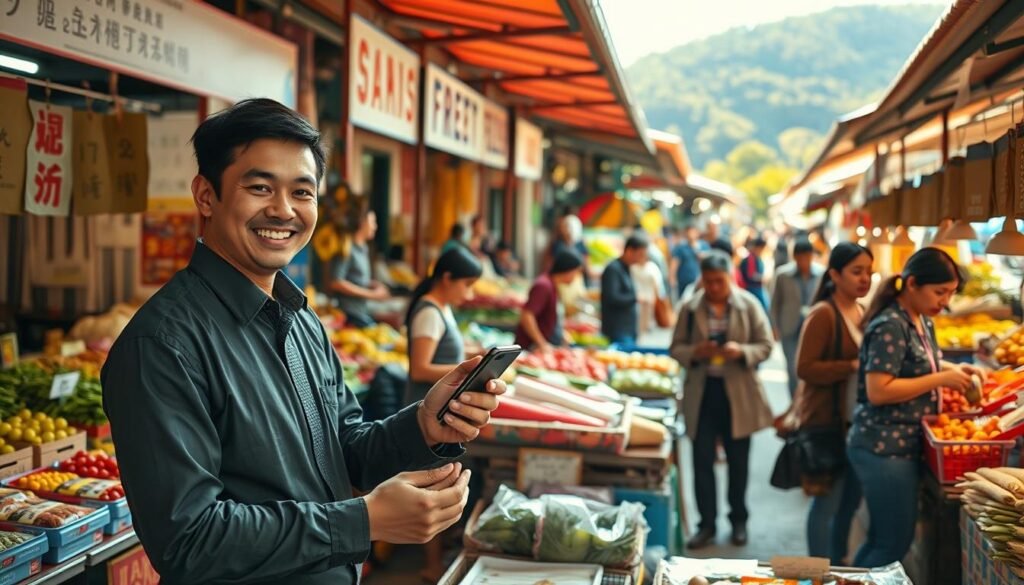 A vibrant market scene set in a traditional marketplace, showcasing bustling vendors and customers engaged in non-cash transactions using QRIS. In the foreground, a merchant in professional attire, smiling as they assist a customer with a smartphone, symbolizing the increase in digital transactions. In the middle ground, various stalls displaying fresh produce and goods, with happy shoppers using QR codes for payments. The background features a colorful array of market signs and natural scenery, illuminated by warm natural sunlight, creating a lively and inviting atmosphere. The angle captures an interactive engagement between the vendor and customer, highlighting the growth in QRIS transactions. The overall mood conveys excitement and progress in modern payment methods in traditional settings. A vibrant market scene set in a traditional marketplace, showcasing bustling vendors and customers engaged in non-cash transactions using QRIS. In the foreground, a merchant in professional attire, smiling as they assist a customer with a smartphone, symbolizing the increase in digital transactions. In the middle ground, various stalls displaying fresh produce and goods, with happy shoppers using QR codes for payments. The background features a colorful array of market signs and natural scenery, illuminated by warm natural sunlight, creating a lively and inviting atmosphere. The angle captures an interactive engagement between the vendor and customer, highlighting the growth in QRIS transactions. The overall mood conveys excitement and progress in modern payment methods in traditional settings.