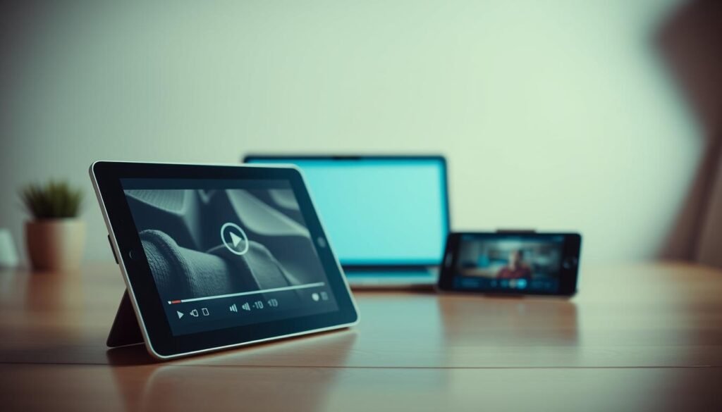 A vibrant multichannel video promotion scene, captured in a warm, inviting atmosphere. In the foreground, a sleek digital tablet displays a video player interface, its screen illuminated by soft lighting. In the middle ground, an array of modern communication devices - a laptop, smartphone, and tablet - are arranged neatly, conveying a sense of interconnectivity and the seamless integration of video content across platforms. The background features a minimalist, muted color palette, allowing the technology to take center stage. The overall composition suggests a harmonious blend of digital media, reflecting the versatility and impact of a well-executed multichannel video promotion strategy.