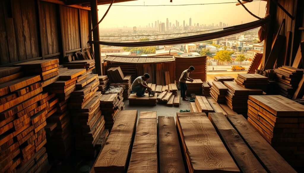 A weathered workshop in Surakarta, Indonesia, bathed in warm, golden light. Stacks of freshly sawn teak lumber, their rich, honey-hued grains gleaming, dominate the foreground. In the middle ground, skilled craftspeople meticulously sand and shape the wood, transforming it into exquisite home decor pieces. The background reveals a bustling city skyline, a testament to the thriving upcycling industry that has breathed new life into discarded timber. The scene captures the spirit of innovation and entrepreneurship that has made this region a shining example of the economic potential of sustainable wood waste management.