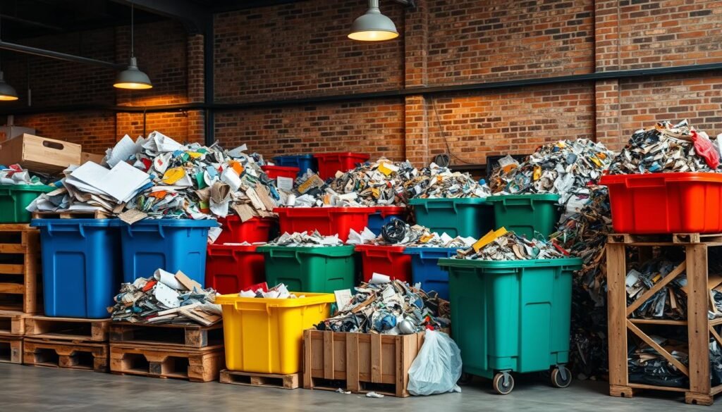 A well-organized recycling depot with various color-coded bins for different waste materials. Wooden pallets and crates form the base, with a backdrop of a brick wall and industrial lighting fixtures casting warm, focused illumination. Carefully sorted piles of paper, plastic, and metal scrap are visible, conveying a sense of efficient upcycling. The overall scene exudes a pragmatic, sustainable atmosphere, hinting at the profitability and viable go-to-market potential of transforming these discarded materials into premium decorative products.
