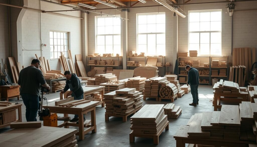 A workshop interior with natural lighting streaming through large windows, highlighting a wood processing setup. In the foreground, skilled workers operate power tools and hand tools, meticulously shaping and finishing various wooden pieces. The middle ground features organized workbenches, jigs, and stacks of raw timber, conveying the systematic production flow. In the background, shelves display an array of finished wooden crafts, ready for further transformation into premium home decor. The overall atmosphere is one of focused craftsmanship, attention to detail, and a commitment to sustainable upcycling practices.