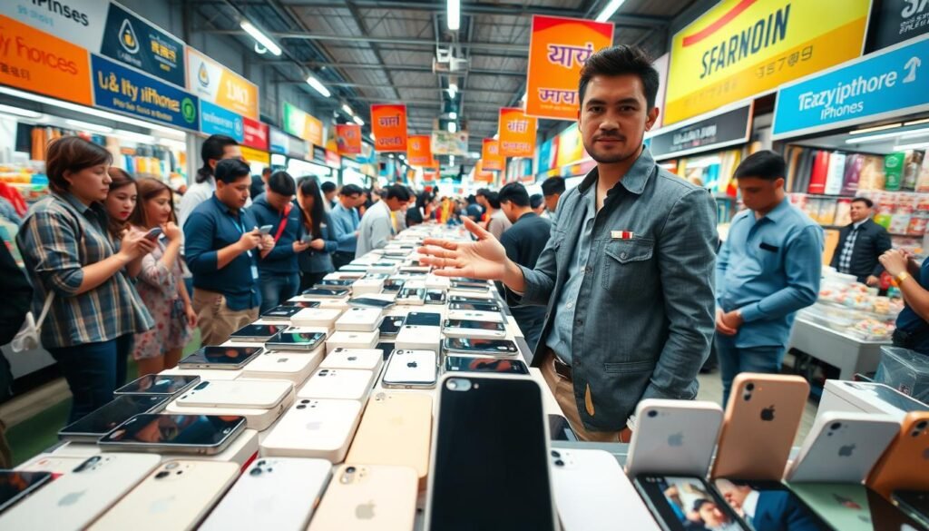 a bustling marketplace scene showcasing the advantages of selling iPhones in the gray market. In the foreground, a confident vendor stands behind a table filled with high-quality, unlocked iPhones displayed prominently, with price tags visible. The vendor, dressed in a smart casual outfit, gestures to the devices, engaging with a diverse group of interested customers. In the middle ground, various shoppers examine different models, creating an atmosphere of excitement and competition. The background features vibrant market stalls with colorful banners and signs, suggesting a lively trade environment. The lighting is bright and inviting, capturing the dynamism of the market, while a wide-angle perspective enhances the sense of depth and activity. The mood is energetic and optimistic, reflecting the potential profits of gray market sales. a bustling marketplace scene showcasing the advantages of selling iPhones in the gray market. In the foreground, a confident vendor stands behind a table filled with high-quality, unlocked iPhones displayed prominently, with price tags visible. The vendor, dressed in a smart casual outfit, gestures to the devices, engaging with a diverse group of interested customers. In the middle ground, various shoppers examine different models, creating an atmosphere of excitement and competition. The background features vibrant market stalls with colorful banners and signs, suggesting a lively trade environment. The lighting is bright and inviting, capturing the dynamism of the market, while a wide-angle perspective enhances the sense of depth and activity. The mood is energetic and optimistic, reflecting the potential profits of gray market sales.