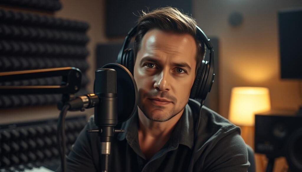 a professional voice-over artist sitting in a recording studio, wearing headphones and speaking into a high-quality condenser microphone. The studio is dimly lit, with a soft, warm lighting that creates a cozy, focused atmosphere. The background is blurred, with hints of soundproofing materials and audio equipment visible. The voice-over artist has a determined, confident expression, conveying their expertise and passion for their craft.