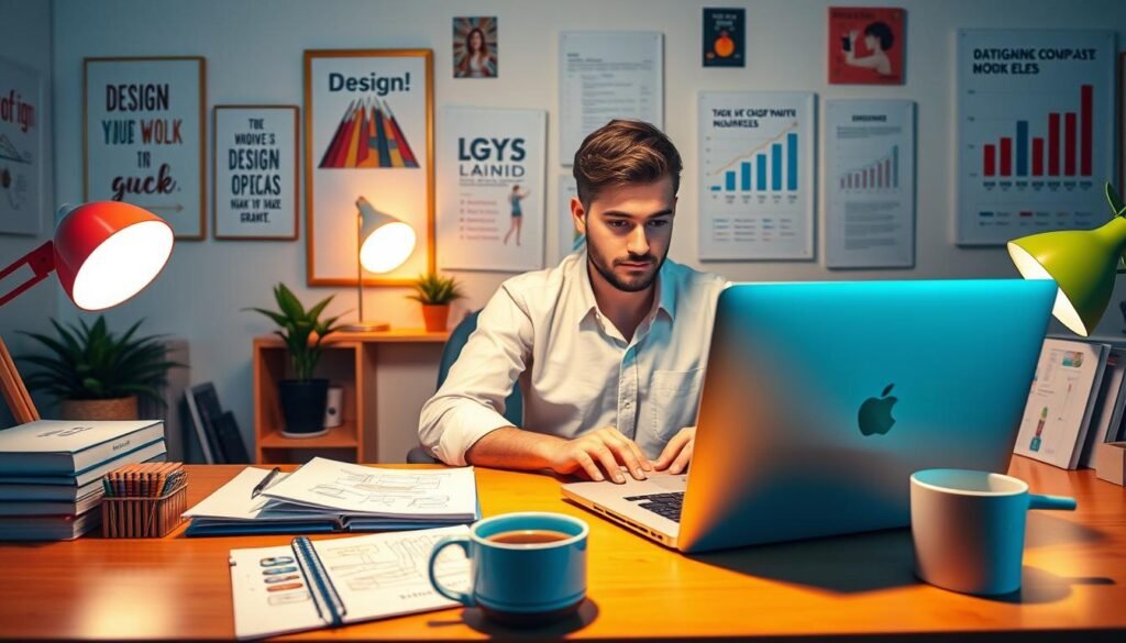 A cozy digital workspace scene showcasing an individual, dressed in professional attire, working diligently on a laptop surrounded by design tools and digital products like e-books and online courses. In the foreground, a vibrant desk features a colorful laptop, a sketchpad with design concepts, and a cup of coffee. In the middle, a focused figure types on the laptop, with soft lighting illuminating their expression of determination and creativity. The background reveals a wall adorned with inspirational art and charts tracking income growth. Use warm, inviting lighting to create a motivating atmosphere that reflects productivity and the transition from design services to digital product sales. A cozy digital workspace scene showcasing an individual, dressed in professional attire, working diligently on a laptop surrounded by design tools and digital products like e-books and online courses. In the foreground, a vibrant desk features a colorful laptop, a sketchpad with design concepts, and a cup of coffee. In the middle, a focused figure types on the laptop, with soft lighting illuminating their expression of determination and creativity. The background reveals a wall adorned with inspirational art and charts tracking income growth. Use warm, inviting lighting to create a motivating atmosphere that reflects productivity and the transition from design services to digital product sales.