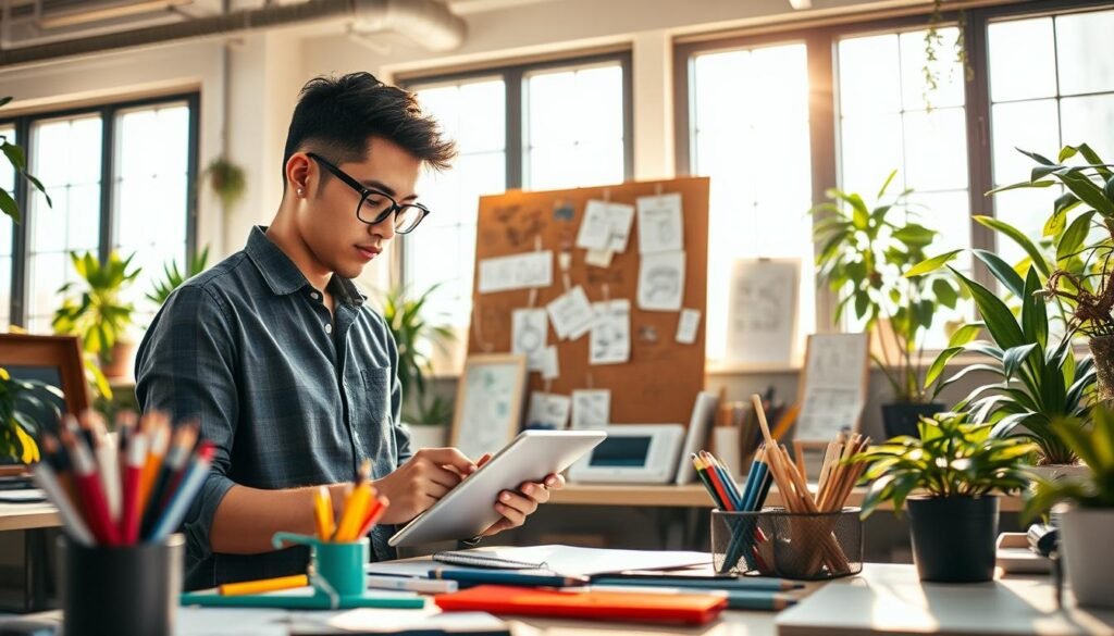 A creative workspace filled with inspiration, showcasing a young professional working intently on their craft. In the foreground, a focused individual, dressed in smart casual attire, is engaging with vibrant art supplies and a digital tablet. In the middle ground, various sketches and designs pinned to a corkboard reflect the challenges and ideas of the creative industry. In the background, large windows let in bright, warm sunlight, illuminating the room and casting gentle shadows. The ambiance is bustling yet serene, with plants peeking from the corners, symbolizing growth and creativity. The overall mood is optimistic, capturing the dedication and challenges faced in turning a passion into a lucrative business. A creative workspace filled with inspiration, showcasing a young professional working intently on their craft. In the foreground, a focused individual, dressed in smart casual attire, is engaging with vibrant art supplies and a digital tablet. In the middle ground, various sketches and designs pinned to a corkboard reflect the challenges and ideas of the creative industry. In the background, large windows let in bright, warm sunlight, illuminating the room and casting gentle shadows. The ambiance is bustling yet serene, with plants peeking from the corners, symbolizing growth and creativity. The overall mood is optimistic, capturing the dedication and challenges faced in turning a passion into a lucrative business.