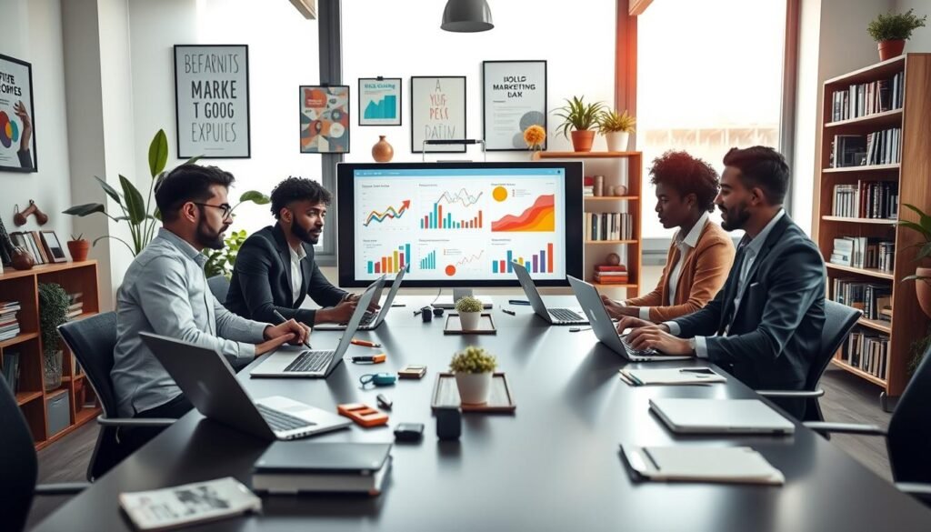 A dynamic, modern workspace filled with various productivity tools for a marketing team. In the foreground, a diverse group of three professionals dressed in smart casual attire collaborates around a sleek conference table covered with laptops, tablets, and notepads. The middle section features an interactive whiteboard displaying colorful charts and graphs, while a large window lets in soft, natural light that creates an inspiring atmosphere. Plants and motivational posters add a touch of creativity to the surroundings. In the background, a stylish bookshelf is filled with marketing books and tech gadgets. The overall mood is energetic and focused, showcasing innovation and teamwork in a vibrant digital marketing environment. A dynamic, modern workspace filled with various productivity tools for a marketing team. In the foreground, a diverse group of three professionals dressed in smart casual attire collaborates around a sleek conference table covered with laptops, tablets, and notepads. The middle section features an interactive whiteboard displaying colorful charts and graphs, while a large window lets in soft, natural light that creates an inspiring atmosphere. Plants and motivational posters add a touch of creativity to the surroundings. In the background, a stylish bookshelf is filled with marketing books and tech gadgets. The overall mood is energetic and focused, showcasing innovation and teamwork in a vibrant digital marketing environment.