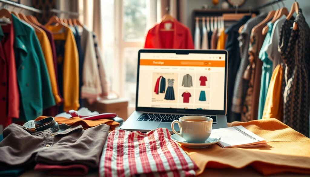 A modern, cozy online thrift store setting showcasing a variety of preloved fashion items. In the foreground, a neatly arranged display of colorful clothes, including vintage jackets, classic dresses, and stylish accessories, all in excellent condition. The middle ground features a warm, inviting laptop screen showing an online shopping page with fashion items, surrounded by a cup of tea and a shopping list, indicating a mindful approach to thrifting. The background captures soft natural lighting streaming through a window, hinting at a peaceful home environment. The atmosphere is friendly and sustainable, with a touch of vibrancy that reflects stylish, eco-conscious shopping practices. Focus on clarity and detail in the arrangement, with a slight depth of field to guide the viewer's eye.