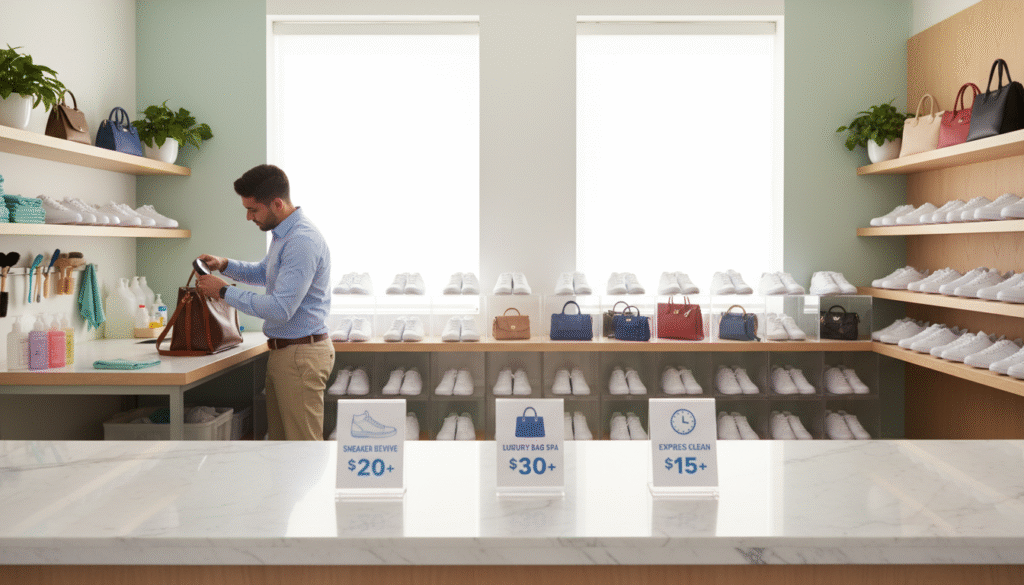 A modern laundry service interior showcasing a variety of sneakers and bags neatly arranged for cleaning. In the foreground, a sleek counter displays price tags for different services, emphasizing affordability. To the left, a professional attendant in smart casual clothing carefully inspects a stylish handbag, illustrating attention to detail. The background features vibrant cleaning equipment and a well-organized workspace, with soft, natural lighting filtering through large windows, creating a welcoming atmosphere. The color palette is bright and fresh, evoking a sense of professionalism and cleanliness, ideal for a booming laundry service. The image should focus on conveying the services offered and their value without any text or distractions.