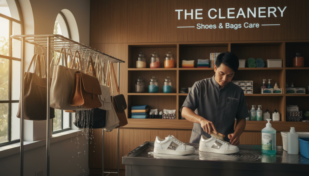 A modern laundry setting with a focus on shoes and bags being meticulously cleaned. In the foreground, show a pair of stylish sneakers on a cleaning station, with a professional in a neat uniform carefully washing them using a soft brush and eco-friendly detergent. In the middle ground, display various bags of different materials hanging on drying racks, with bright, natural light highlighting their textures. In the background, include shelves stocked with neatly organized cleaning supplies and equipment, creating a sense of professionalism and efficiency. The lighting should be warm and inviting, conveying a trustworthy atmosphere. Use a balanced composition that draws the viewer’s eye across the entire scene, emphasizing a safe and reliable laundry process.