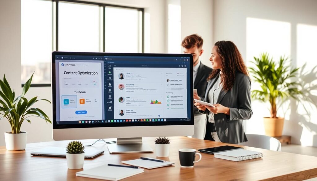 A modern workspace featuring a sleek desktop computer displaying content optimization tools on the screen. In the foreground, a diverse group of two professionals, one woman and one man, are engaged in a collaborative discussion, both dressed in smart casual attire. The woman is pointing at the screen, and the man is taking notes, showcasing a sense of teamwork and focus. The middle ground includes a neatly organized workspace with notebooks, a coffee cup, and a small potted plant for a touch of greenery. The background consists of a large window allowing natural light to flood the room, casting soft shadows that enhance the creative atmosphere. The overall mood is vibrant and productive, embodying the essence of innovation in digital marketing. A modern workspace featuring a sleek desktop computer displaying content optimization tools on the screen. In the foreground, a diverse group of two professionals, one woman and one man, are engaged in a collaborative discussion, both dressed in smart casual attire. The woman is pointing at the screen, and the man is taking notes, showcasing a sense of teamwork and focus. The middle ground includes a neatly organized workspace with notebooks, a coffee cup, and a small potted plant for a touch of greenery. The background consists of a large window allowing natural light to flood the room, casting soft shadows that enhance the creative atmosphere. The overall mood is vibrant and productive, embodying the essence of innovation in digital marketing.
