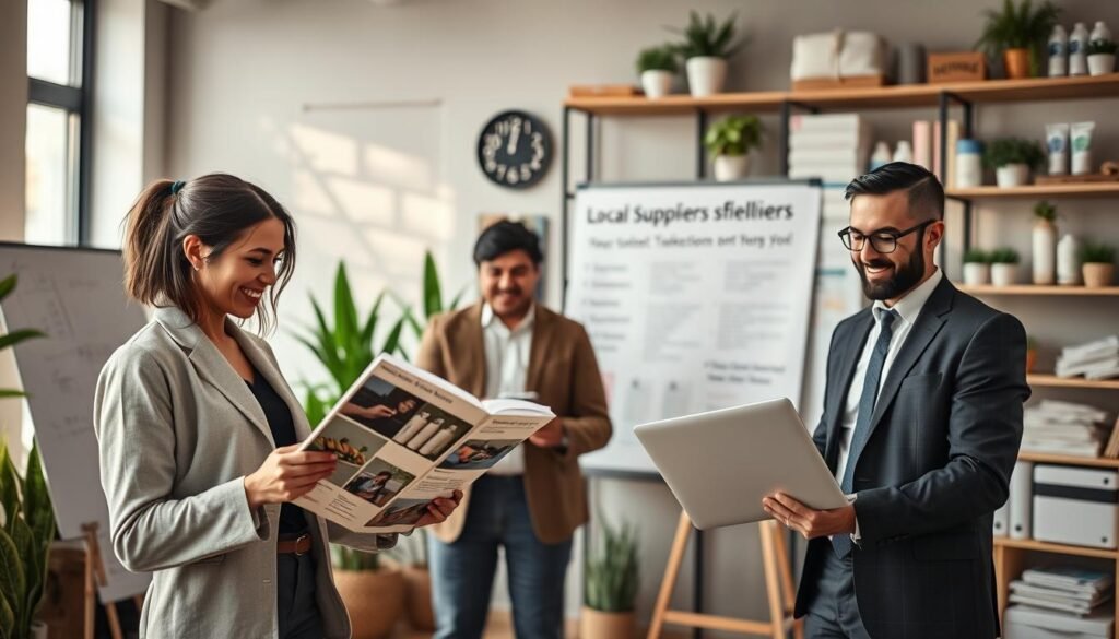A professional business meeting scene in a cozy office environment, showcasing a diverse group of individuals discussing local suppliers. In the foreground, a woman in smart casual attire reviews a catalog of products, while a man in a business suit takes notes on a laptop. The middle ground features a large window with natural light streaming in, casting a warm glow over the room filled with potted plants and a whiteboard displaying key points about supplier selection. The background includes shelves with organized products and marketing materials, creating an atmosphere of professionalism and collaboration. The overall mood is focused and optimistic, suggesting a successful partnership. The image uses soft lighting, with a slightly blurred background to emphasize the subjects in the foreground.