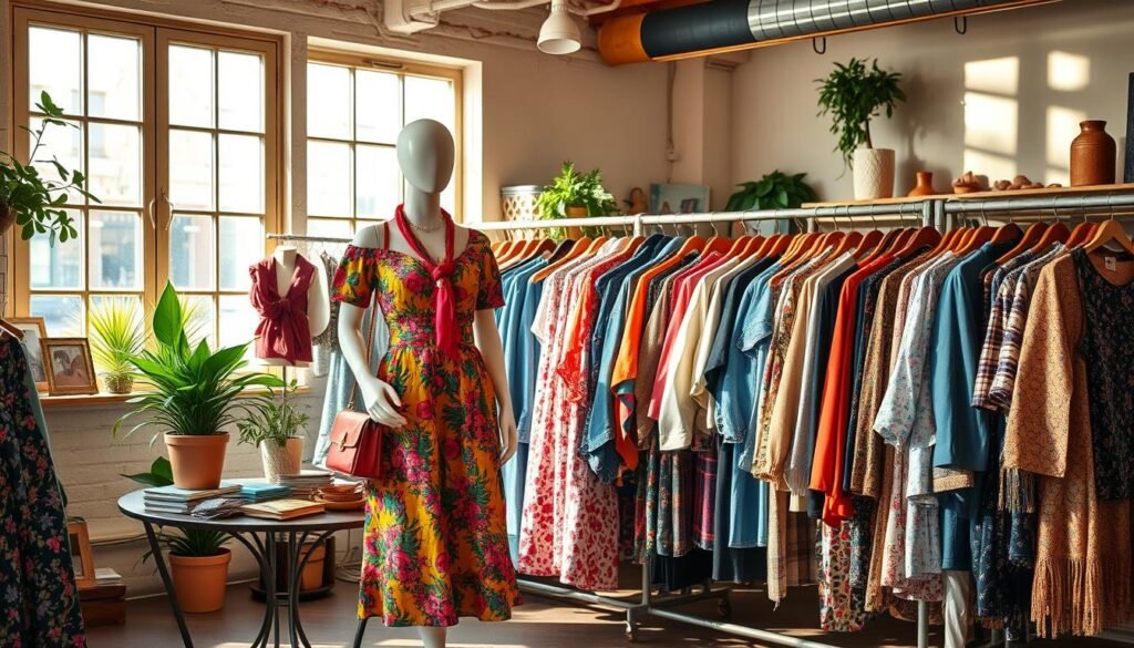 A vibrant and eclectic thrift store scene showcasing unique preloved fashion items. In the foreground, a stylish mannequin dressed in a colorful vintage outfit stands prominently, accessorized with a retro handbag and statement jewelry. To the side, a small table displays assorted accessories like scarves and hats, inviting exploration. In the middle ground, racks overflow with a diverse array of clothing—floral dresses, denim jackets, and distinctively patterned sweaters—creating a lively visual texture. The background features a cozy shop interior with warm, ambient lighting that enhances the inviting atmosphere. Soft shadows cast by large windows suggest a sunny day, with plants peeking in, adding a touch of nature. The overall mood is cheerful and inspiring, reflecting a sustainable fashion ethos.