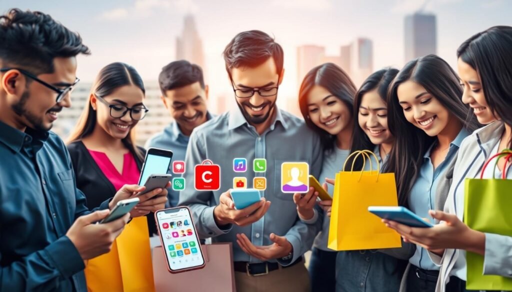 A visually appealing digital collage showcasing the concept of "the best reseller applications in Indonesia without minimum orders." In the foreground, feature diverse, professional-looking individuals interacting with their mobile devices, analyzing app interfaces for an online shop. In the middle, integrate vibrant app icons representing various reseller platforms, displayed on smartphones and tablets, surrounded by colorful shopping bags and products. In the background, create a soft-focus cityscape of Indonesia with modern buildings to evoke an urban business atmosphere. Use bright, natural lighting to enhance the inviting mood, with a warm color palette to signify opportunity and growth. Capture a dynamic and optimistic vibe, emphasizing the ease and accessibility of finding local suppliers.