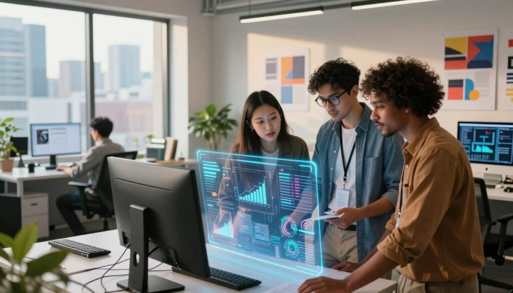 A vibrant and engaging workspace showcasing a digital creative business in 2026. In the foreground, a diverse team of three professionals collaborates over a futuristic holographic display, brainstorming innovative ideas. The middle ground features a modern office with sleek technology, large screens displaying graphs and design concepts, and creative posters on the walls. The background shows large windows with a view of a bustling city skyline, providing a bright and inspiring atmosphere. Soft, natural lighting filters through the windows, casting warm shadows. The mood is energetic yet focused, embodying creativity and potential. The professionals are dressed in smart casual attire, exuding a blend of professionalism and creativity, contributing to the scene's dynamic energy.